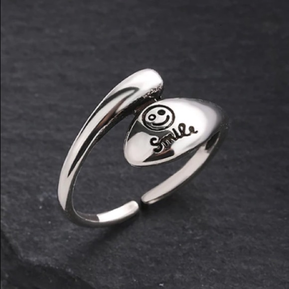 Happy Face Sterling Silver Smile Adjustable Ring - Picture 2 of 7
